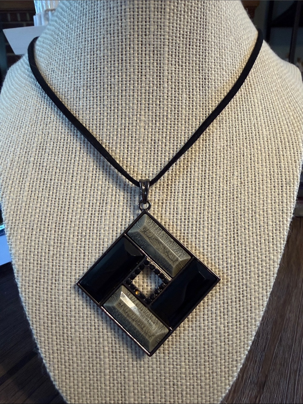 Lia Sophia Black and Gray Geometric Square Pendant Necklace